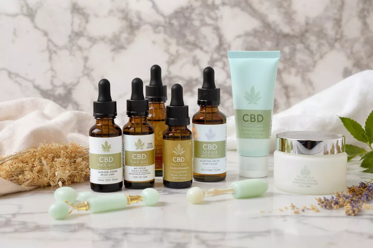 CBD Skincare Collection Various CBD skincare products, including oils, cream, and a tube, on marble.