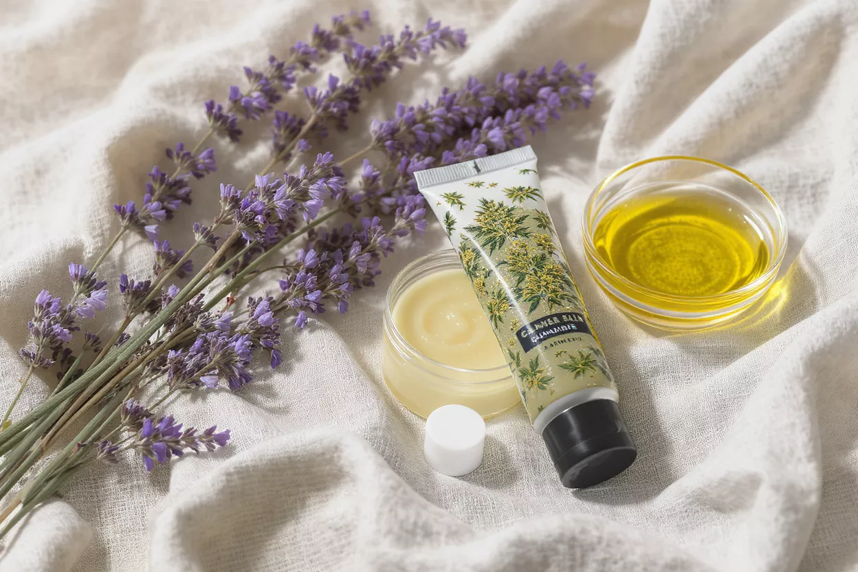 Lavender CBD Skincare Products Lavender sprigs, CBD balm, and oil on white fabric, natural skincare.