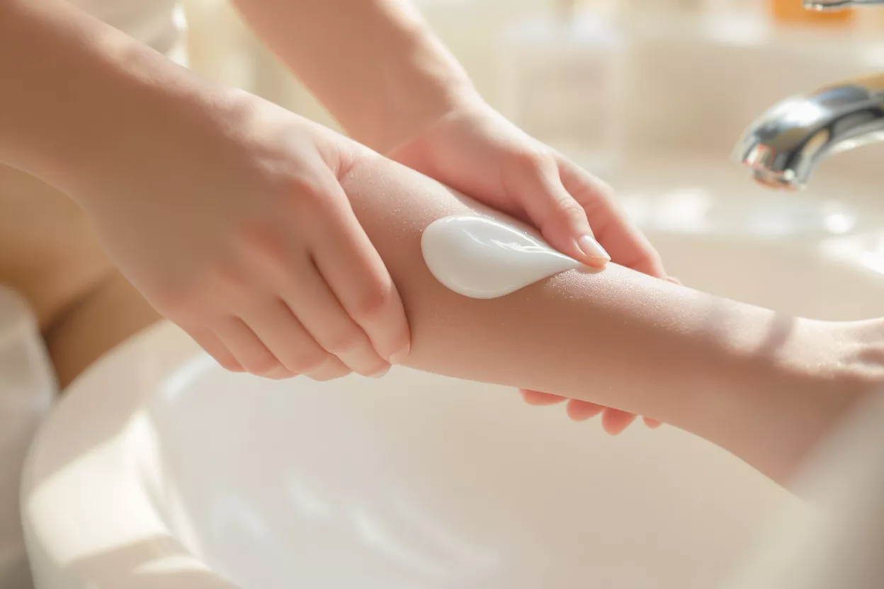 Applying Lotion for Smooth Skin Close-up of hands applying a dollop of white lotion to an arm.