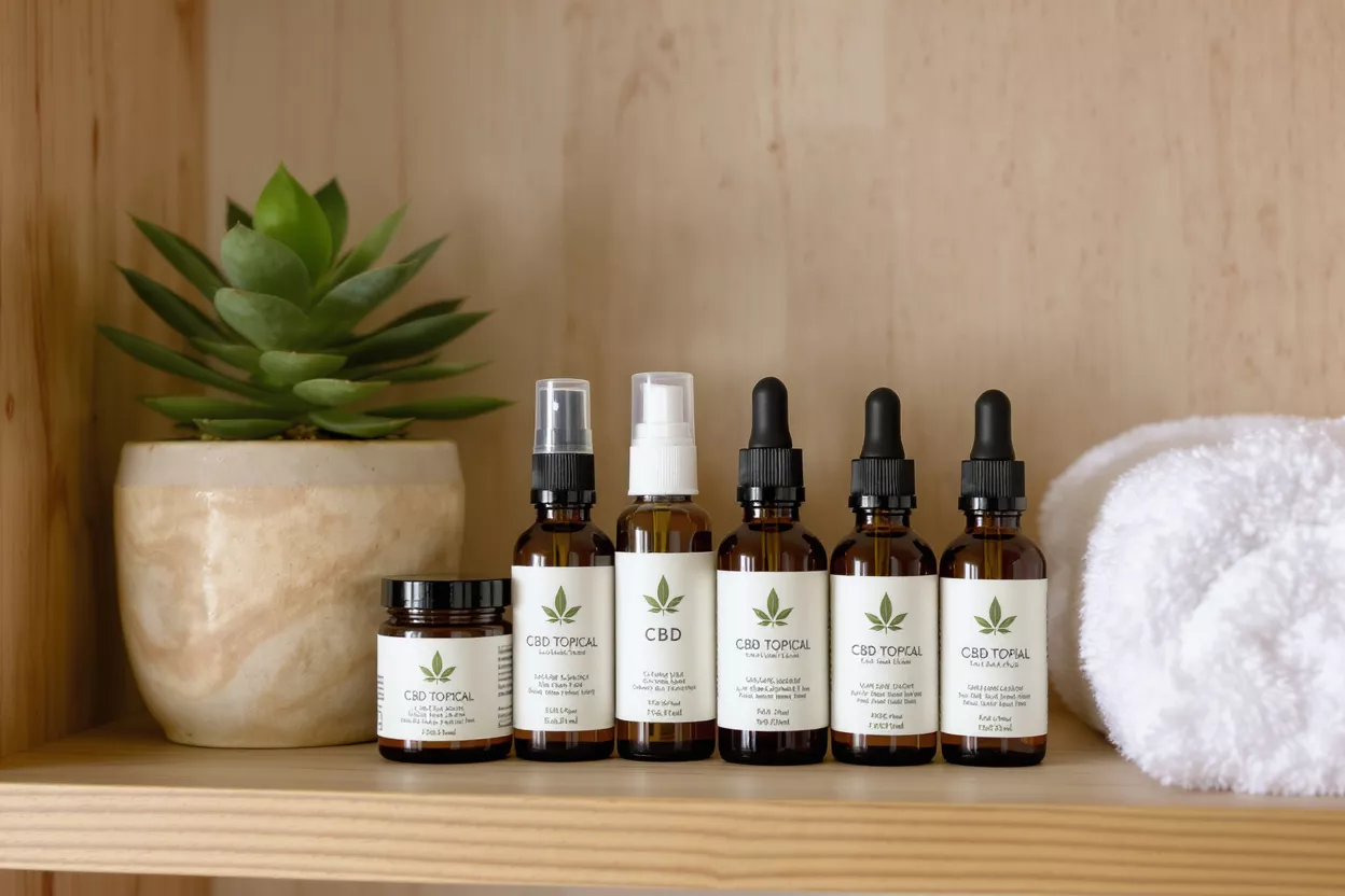 CBD Topical Product Line A variety of CBD topical products on a wooden shelf with a plant and towel.
