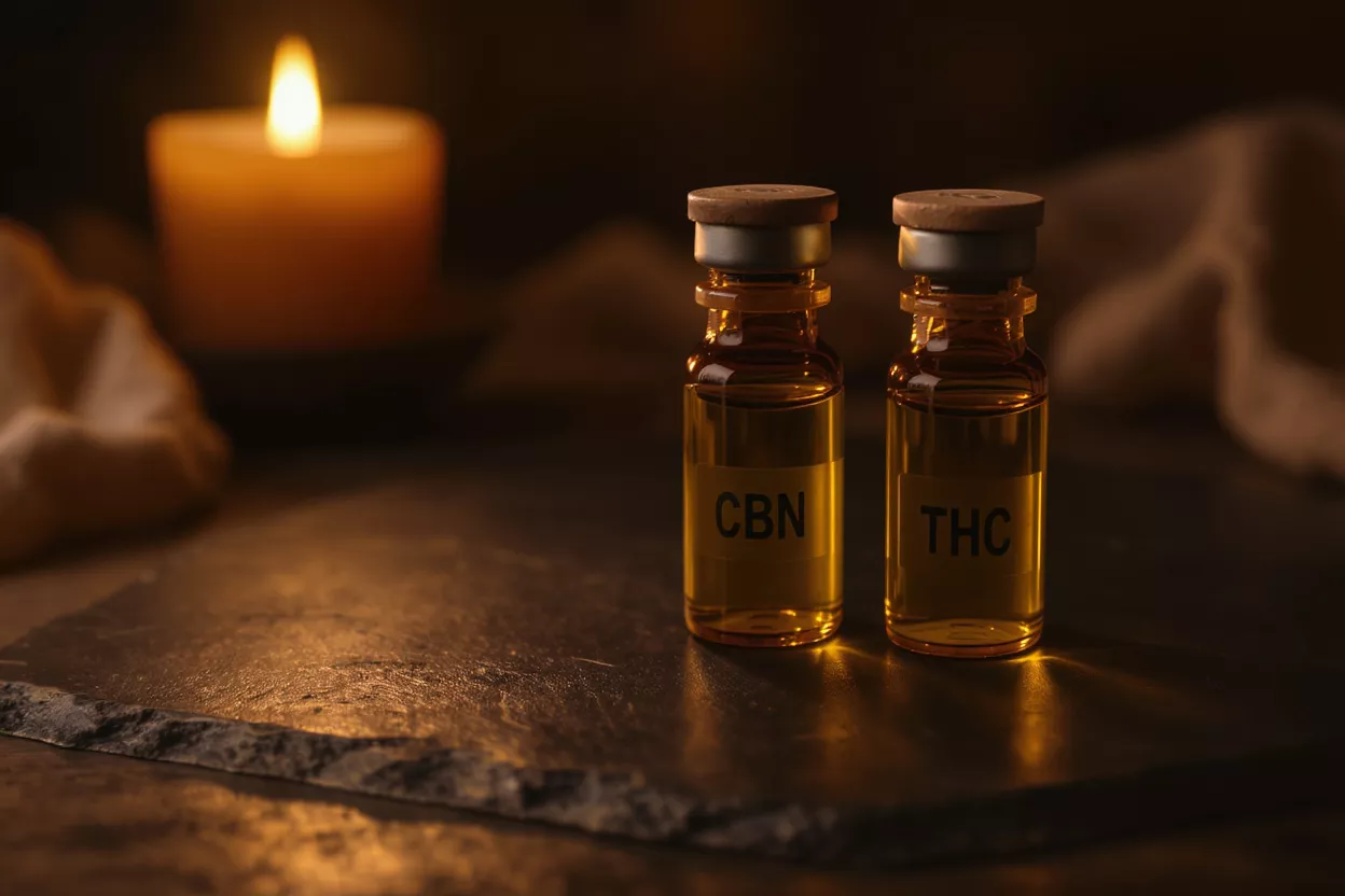 Two amber vials labeled CBN and THC, filled with golden liquid, illuminated by a candle.