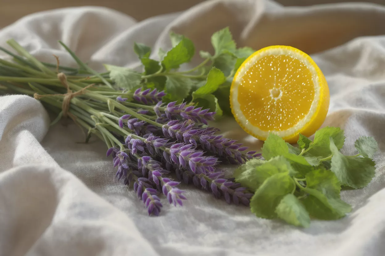 A bundle of lavender, a lemon half, and fresh mint on a white cloth.