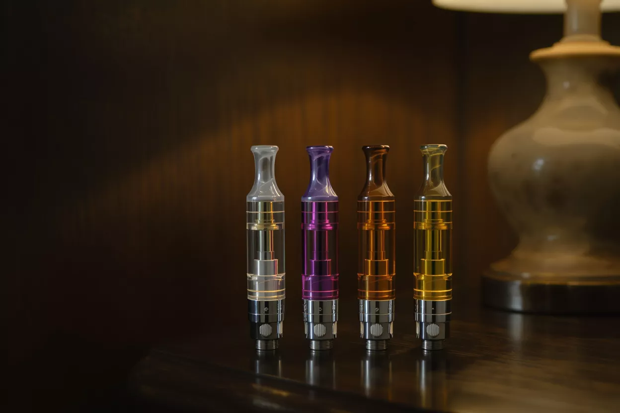 Four colorful vape cartridges in clear, purple, amber, and yellow on a dark wooden surface.