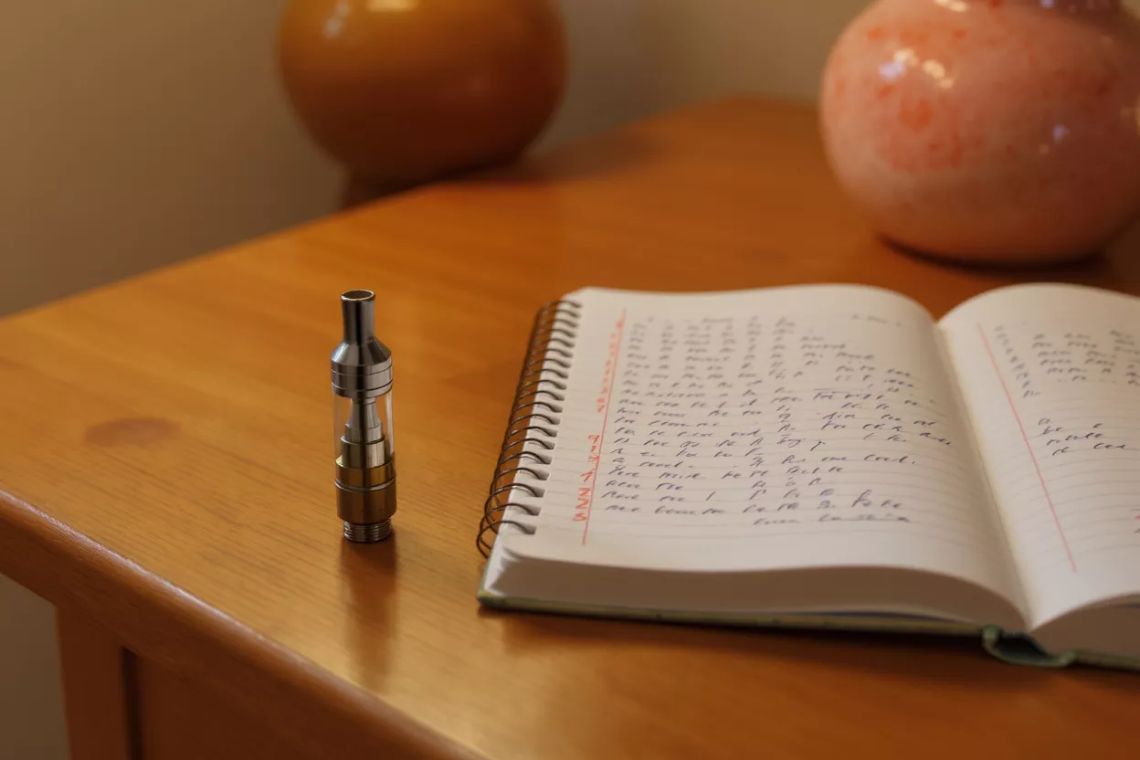 A vape pen next to an open notebook with handwritten notes on a wooden desk.