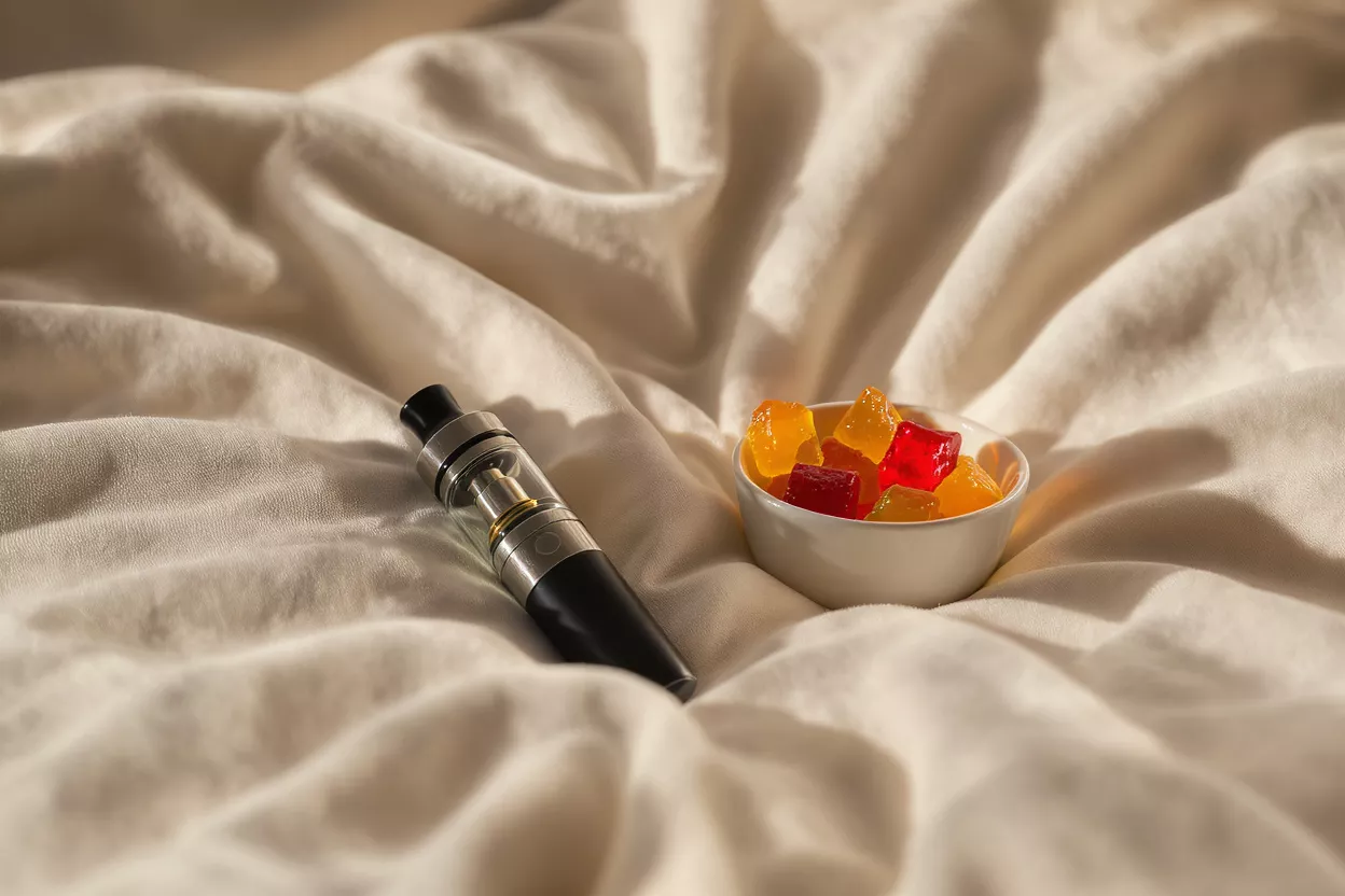A vape pen and a bowl of colorful gummies resting on a rumpled white sheet.