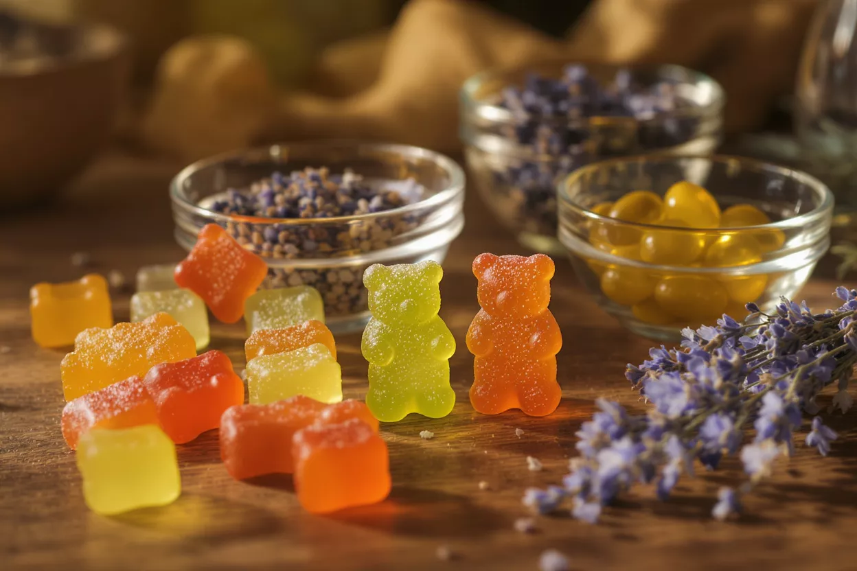 Colorful gummy bears, square gummies, lavender, and yellow supplements on a wooden surface.