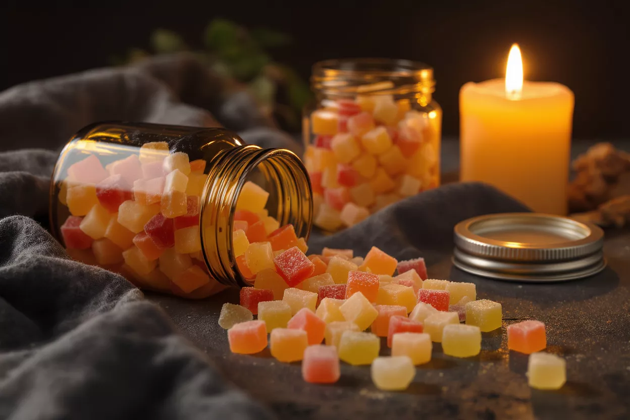 Colorful square gummy candies spilling from a jar, with another jar and candle.