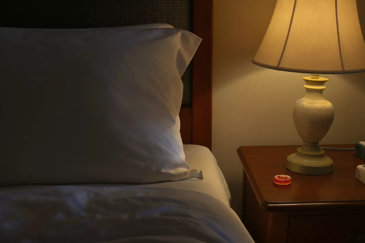 A white pillow and bed next to a nightstand with a lamp and gummy candy.