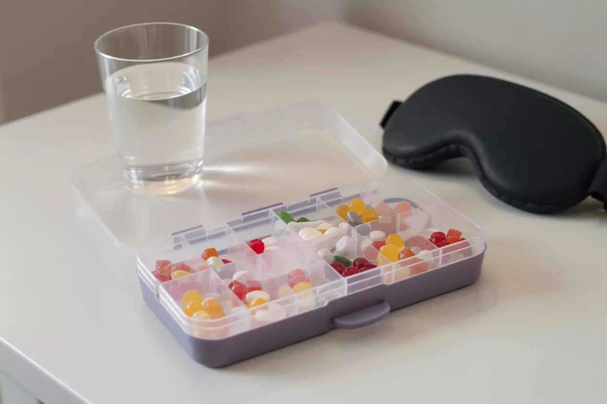 A clear pill organizer filled with colorful gummies, a glass of water, and a sleep mask.