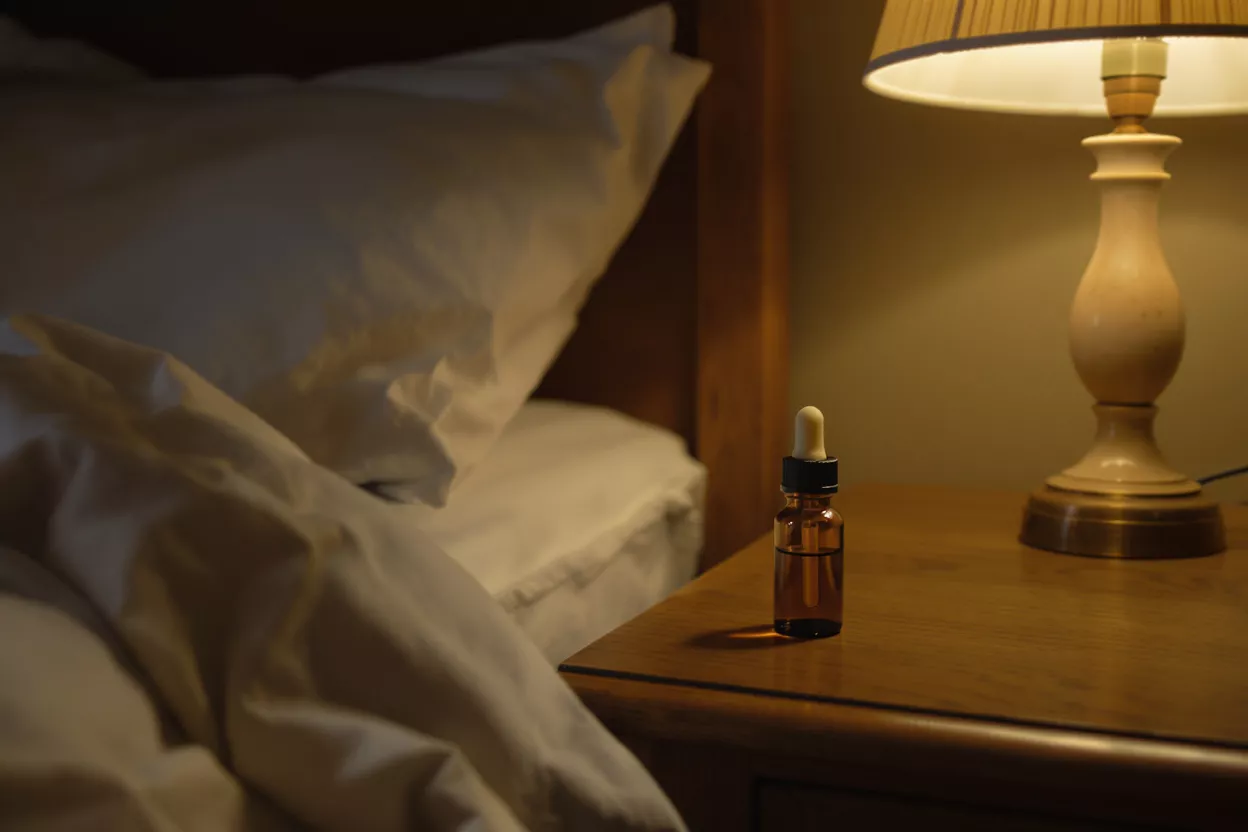 CBD oil dropper bottle on a bedside table next to a lamp and bed.