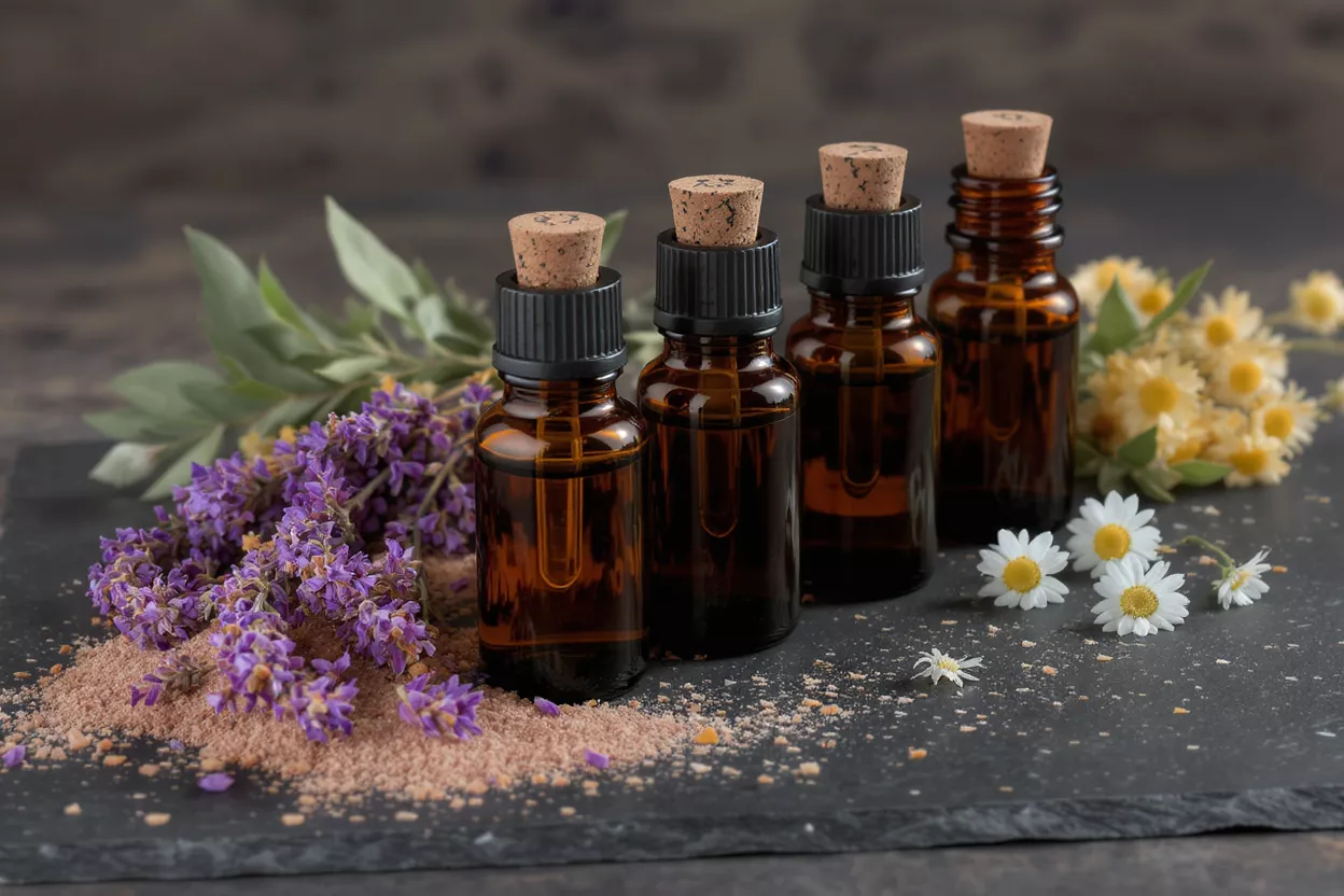 Four amber bottles with essential oils, lavender, chamomile, and sage on dark surface.