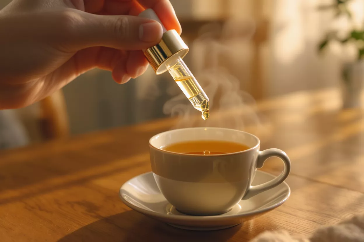 Hand dropping golden CBD oil from a dropper into a steaming cup of tea.