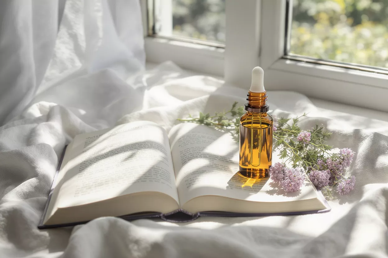 Amber dropper bottle of essential oil next to an open book by a sunlit window.