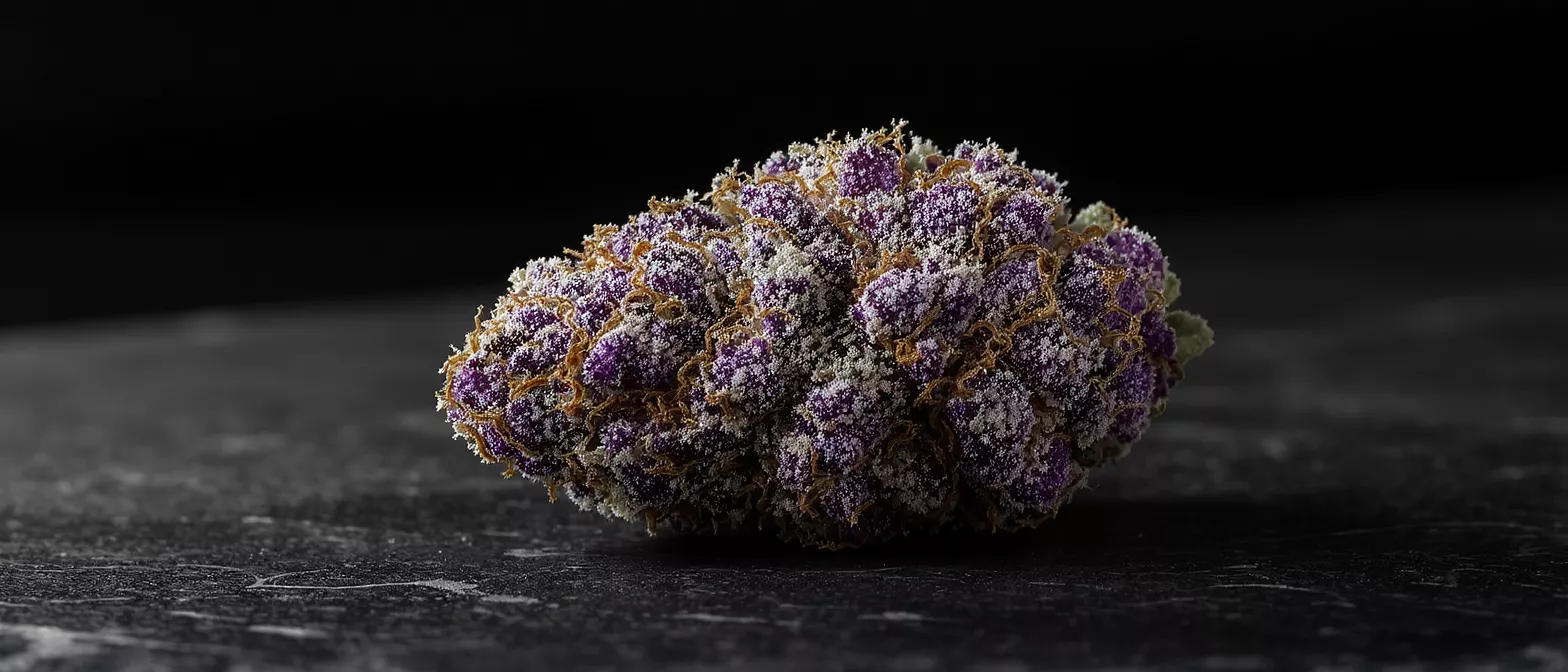 Primer plano de un cogollo de cannabis morado cubierto de tricomas sobre un fondo oscuro.