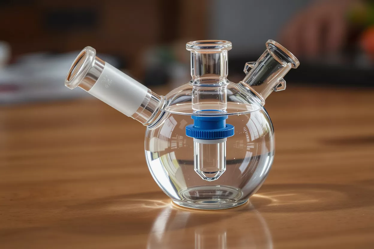 Clear glass water filtration device with blue components on a wooden table.