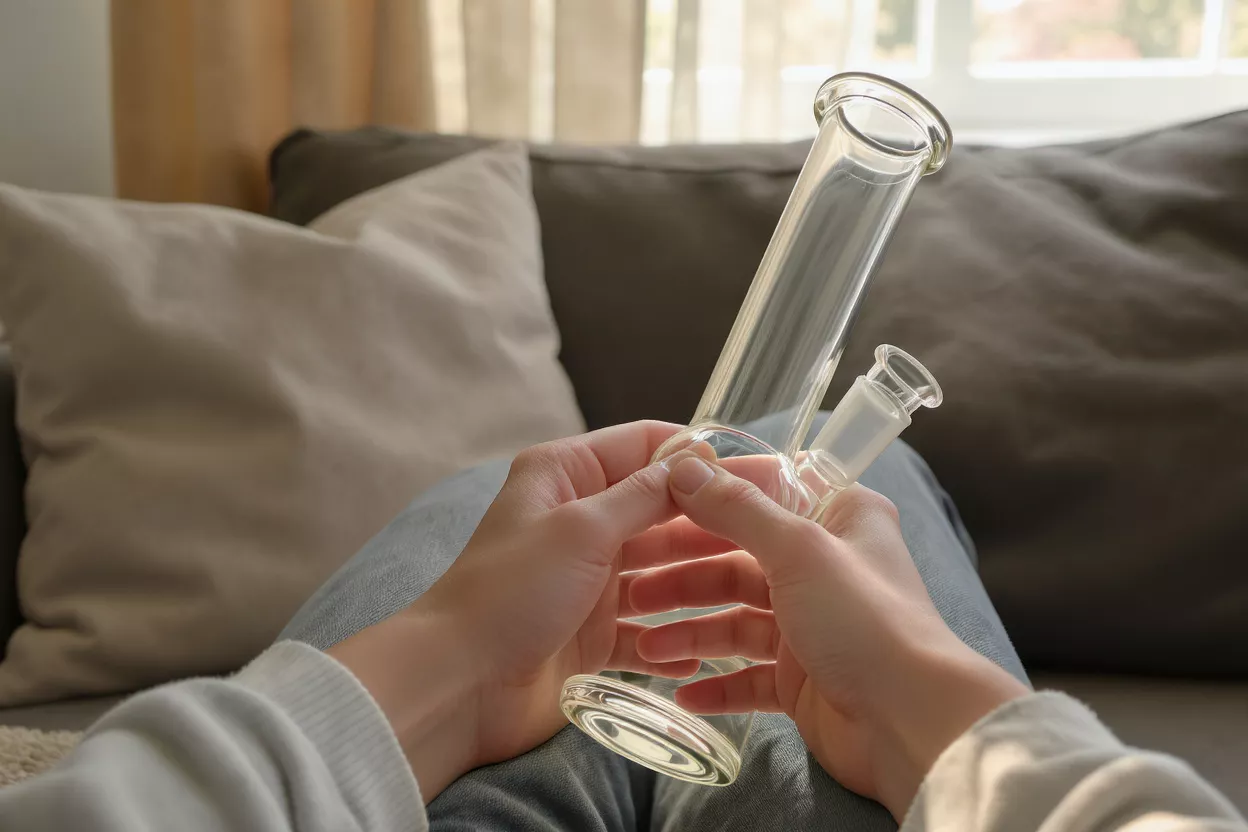 Close-up of hands holding a clear glass water pipe on a couch.