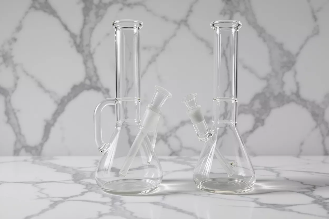 Two clear glass beaker bongs with downstems on a marble background.