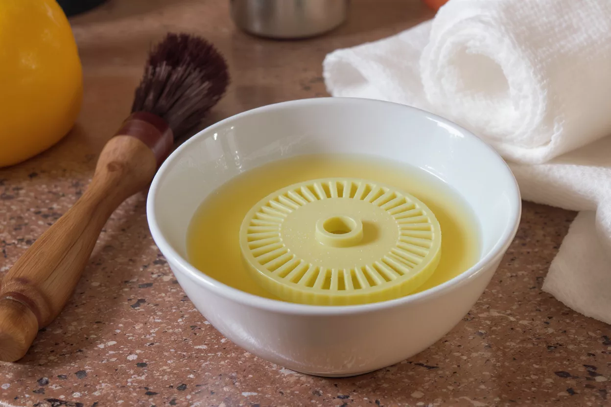 Yellow plastic tool soaking in a white bowl of water on a counter.