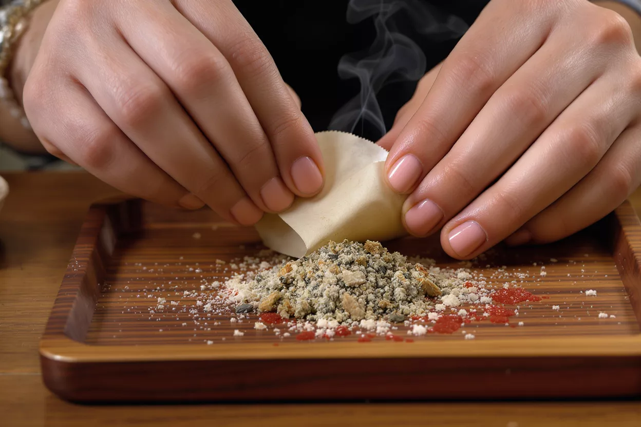 Hands rolling a paper around a smoking herbal mixture on a wooden tray.