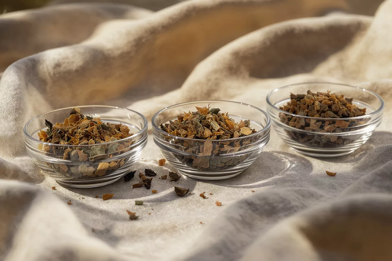 Three small glass bowls filled with dried herbs and spices on a light fabric.