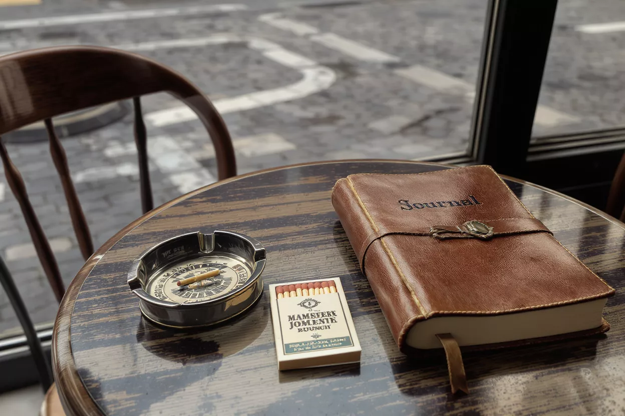 A vintage leather journal, matches, and ashtray on a wooden table.