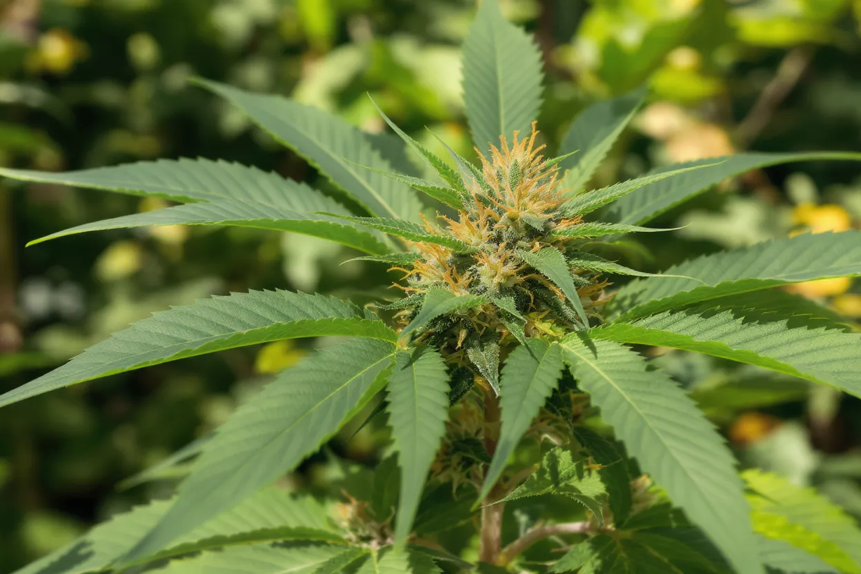Close-up of a vibrant green cannabis plant with a developing bud and orange pistils.