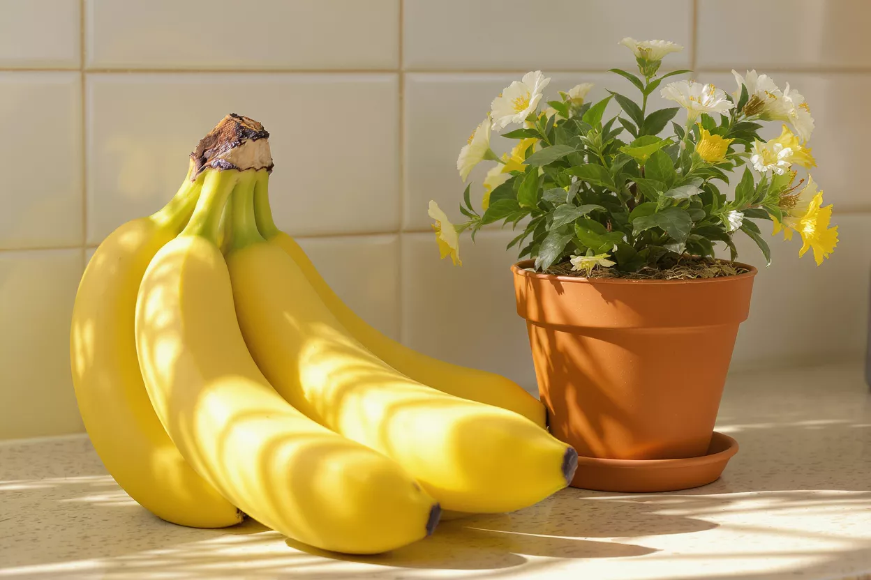 A bunch of ripe yellow bananas next to a potted plant with white and yellow flowers.