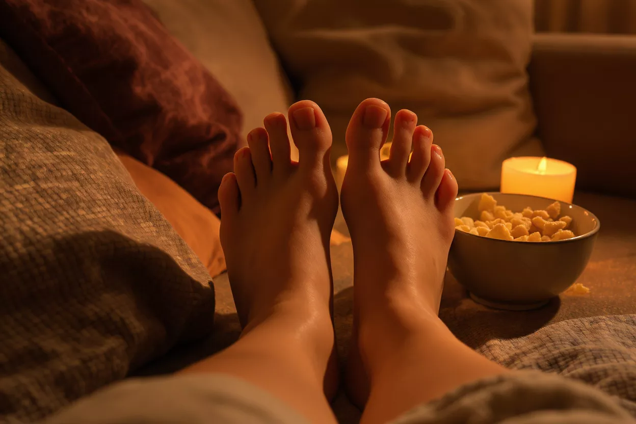 Bare feet relaxing on a couch with a bowl of snacks and a lit candle.