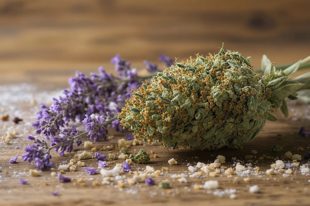 Cannabis bud and lavender sprigs on a wooden surface with scattered crumbs.