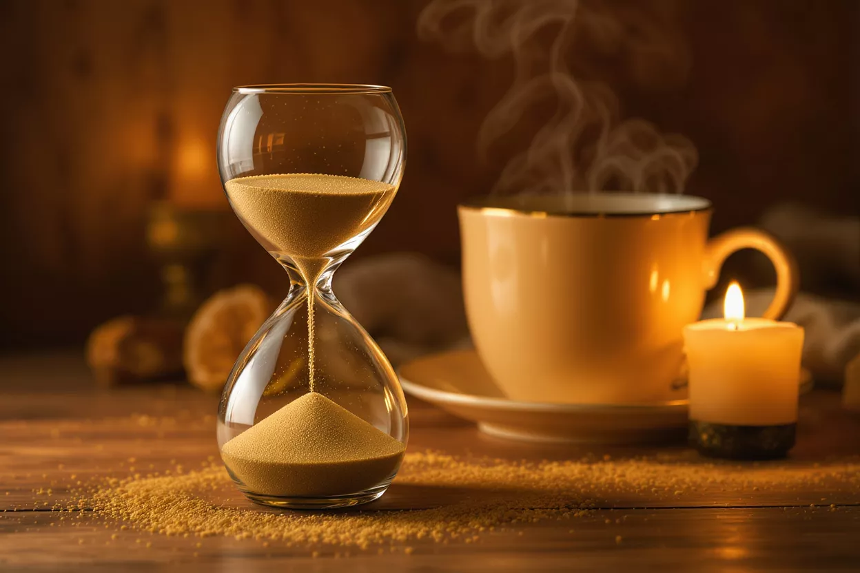 Hourglass with sand flowing, steaming coffee cup, and lit candle on a wooden table.