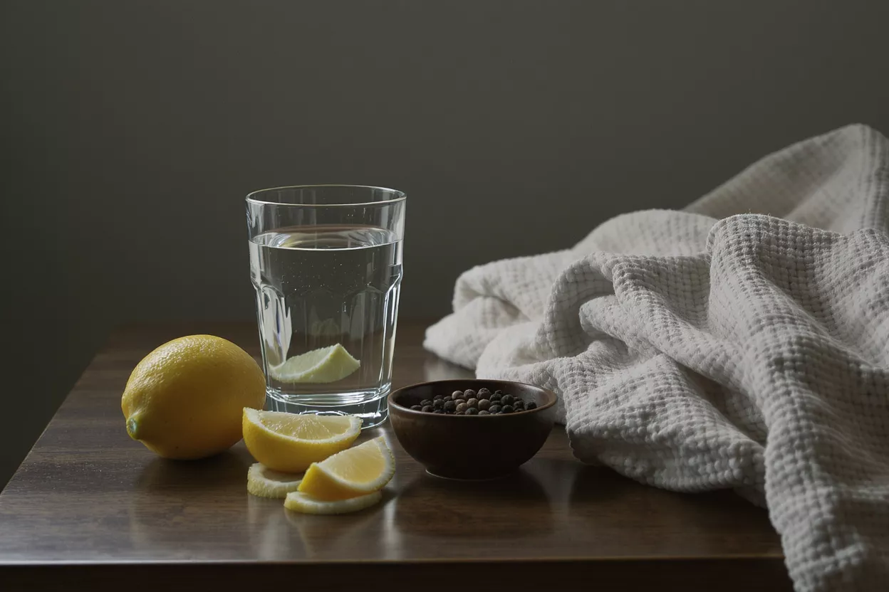 Glass of water with lemon, whole lemon, slices, peppercorns, and white towel.