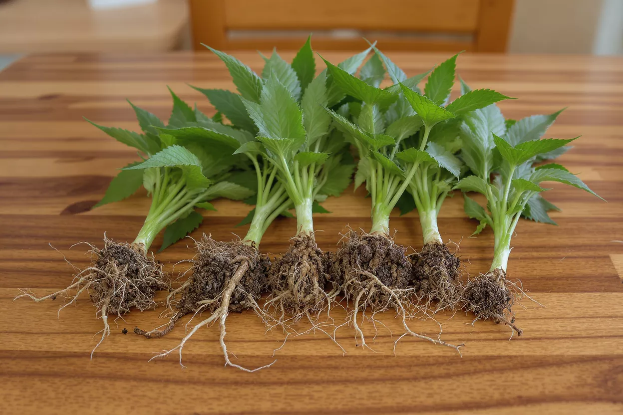 Jeunes Plants Sains Prêts pour la Plantation Cinq jeunes plants verts avec racines et terre apparentes sur une table en bois.