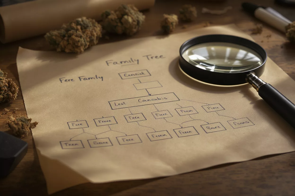 Arbre Généalogique du Cannabis Diagramme de l'arbre généalogique du cannabis avec des boutons et une loupe sur une table en bois.
