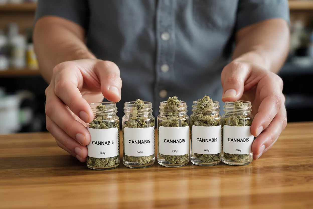 Présentation de pots de cannabis Des mains présentant cinq petits pots en verre remplis de cannabis sur une table en bois.