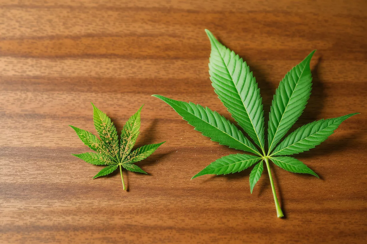Two cannabis leaves on a wooden surface, one healthy, one with pests.