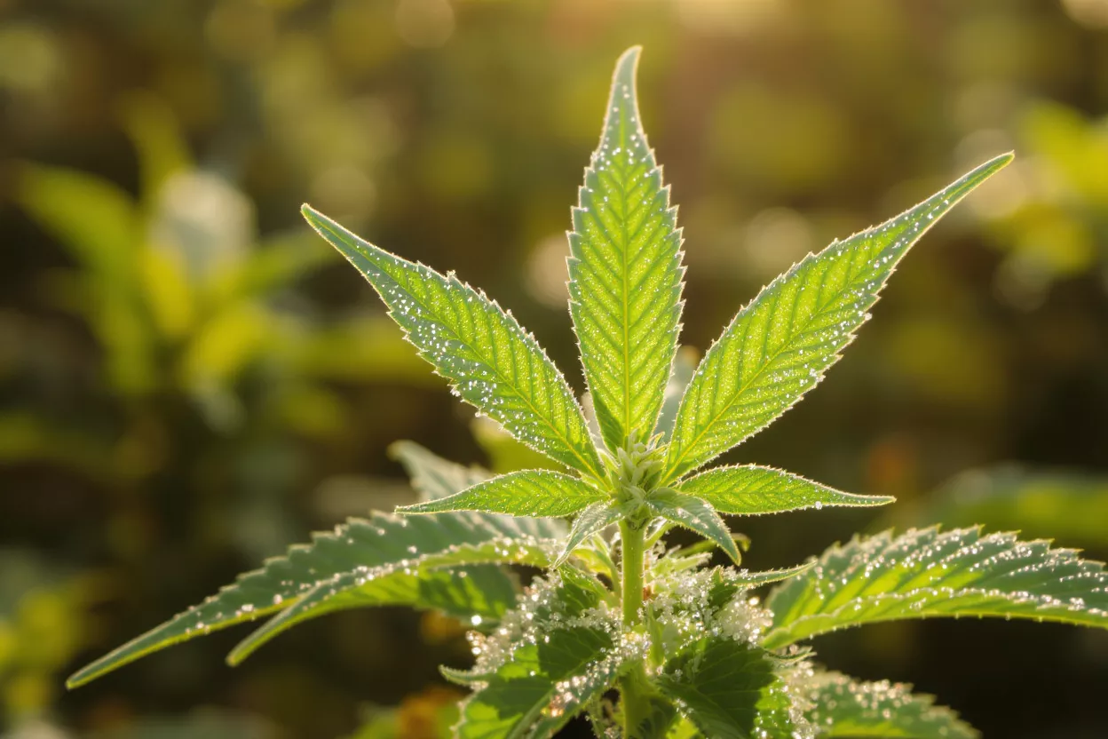 Close-up of a vibrant green cannabis plant covered in dew drops, backlit by golden sunlight.