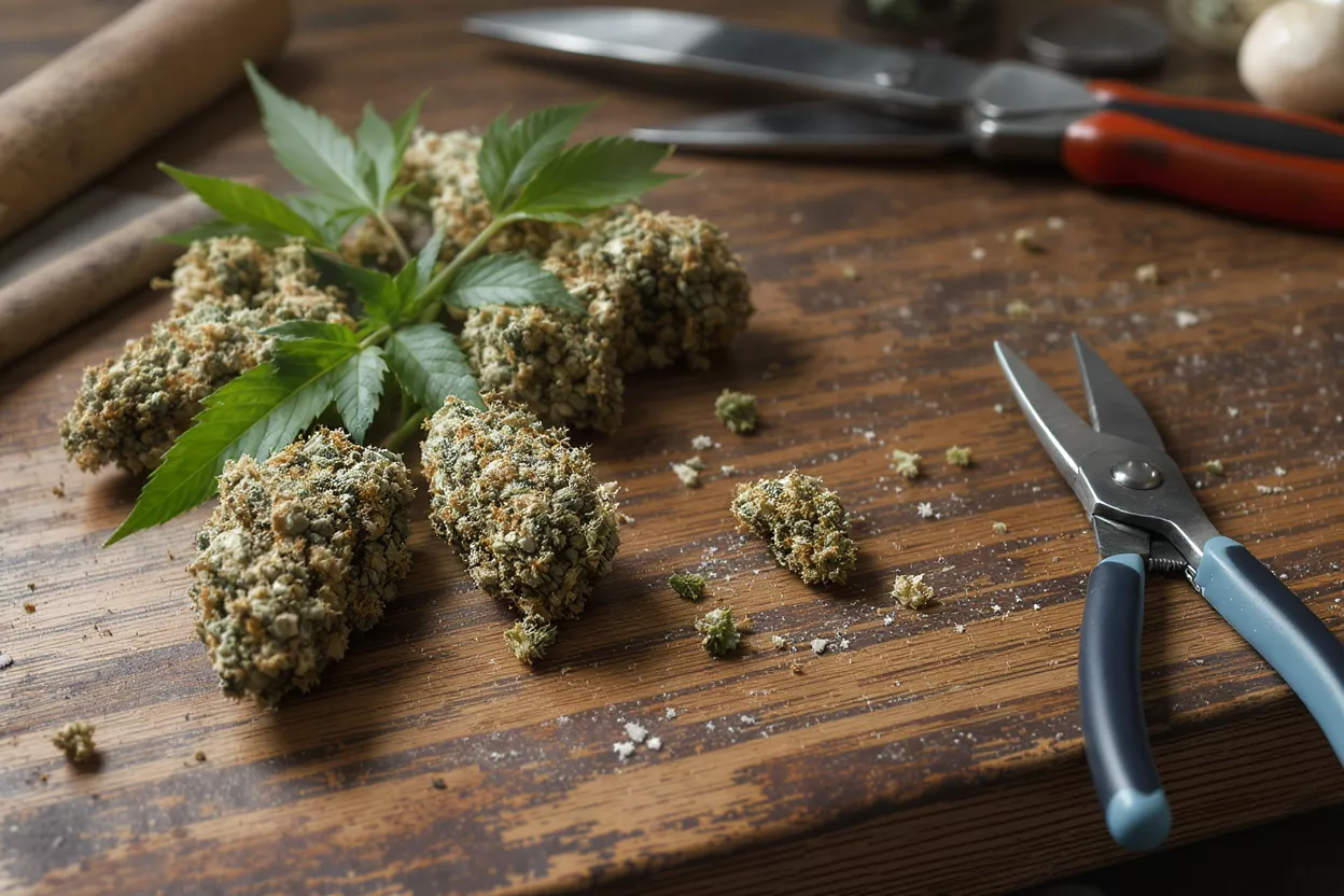 Close-up of cannabis buds, leaves, and trimming scissors on a rustic wooden board.