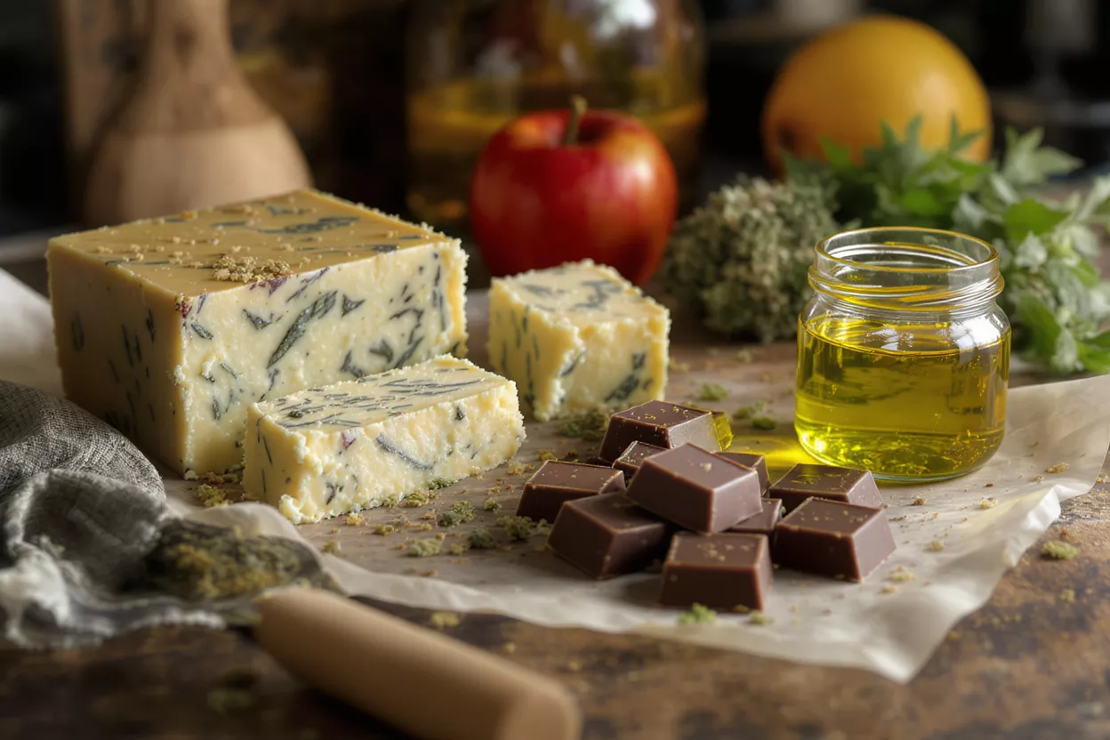 Cannabis-infused cheese, chocolate, and oil with herbs and fruit on a wooden surface.
