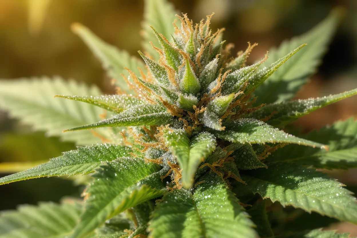 Close-up of a vibrant green cannabis plant bud with visible trichomes and orange hairs.