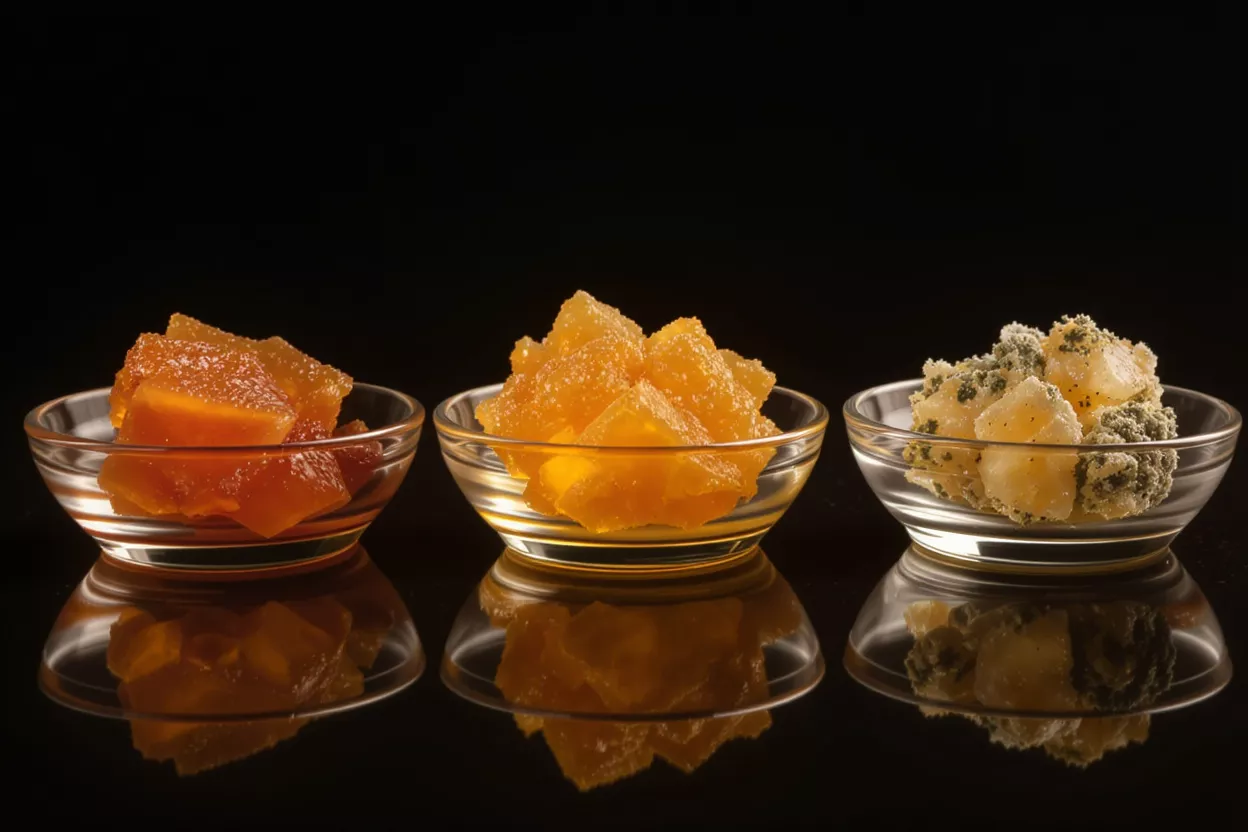 Three glass bowls with candied fruit, one orange, one yellow, one green-dusted.