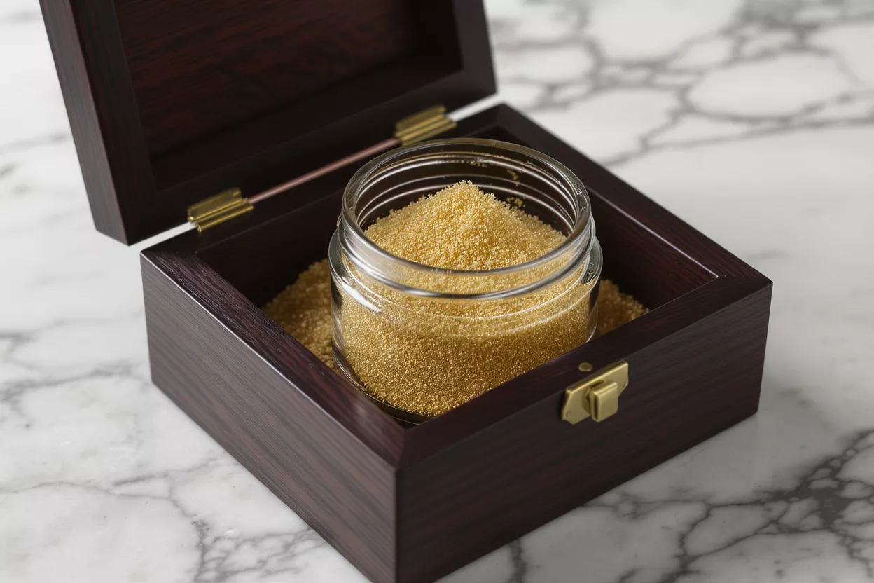 A glass jar filled with gold sprinkles sits inside an open dark wooden box.