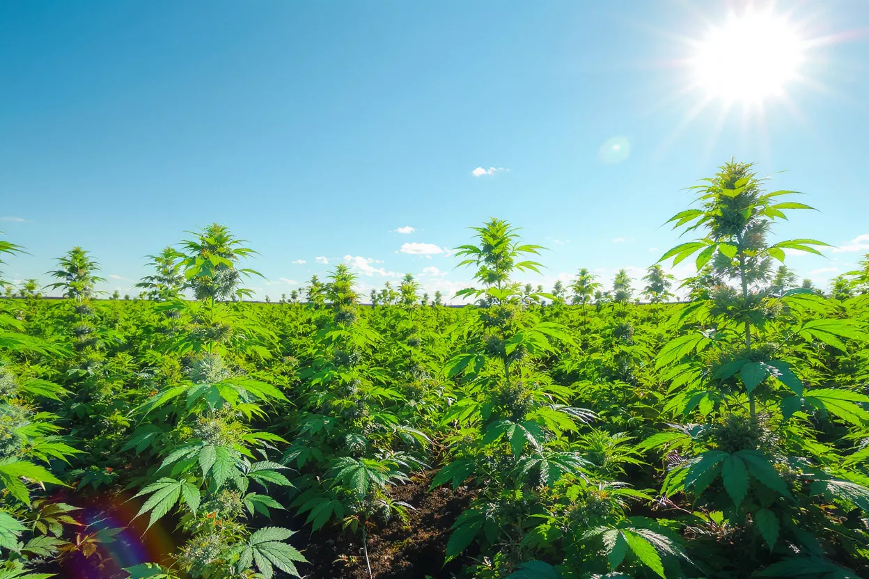 A vast field of green cannabis or hemp plants under a bright blue sky.