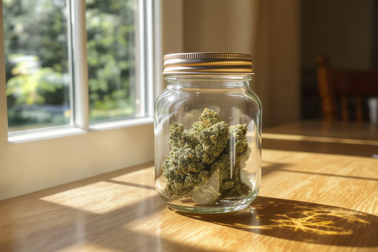 Close-up of cannabis buds in a clear glass jar on a wooden table, sunlit.