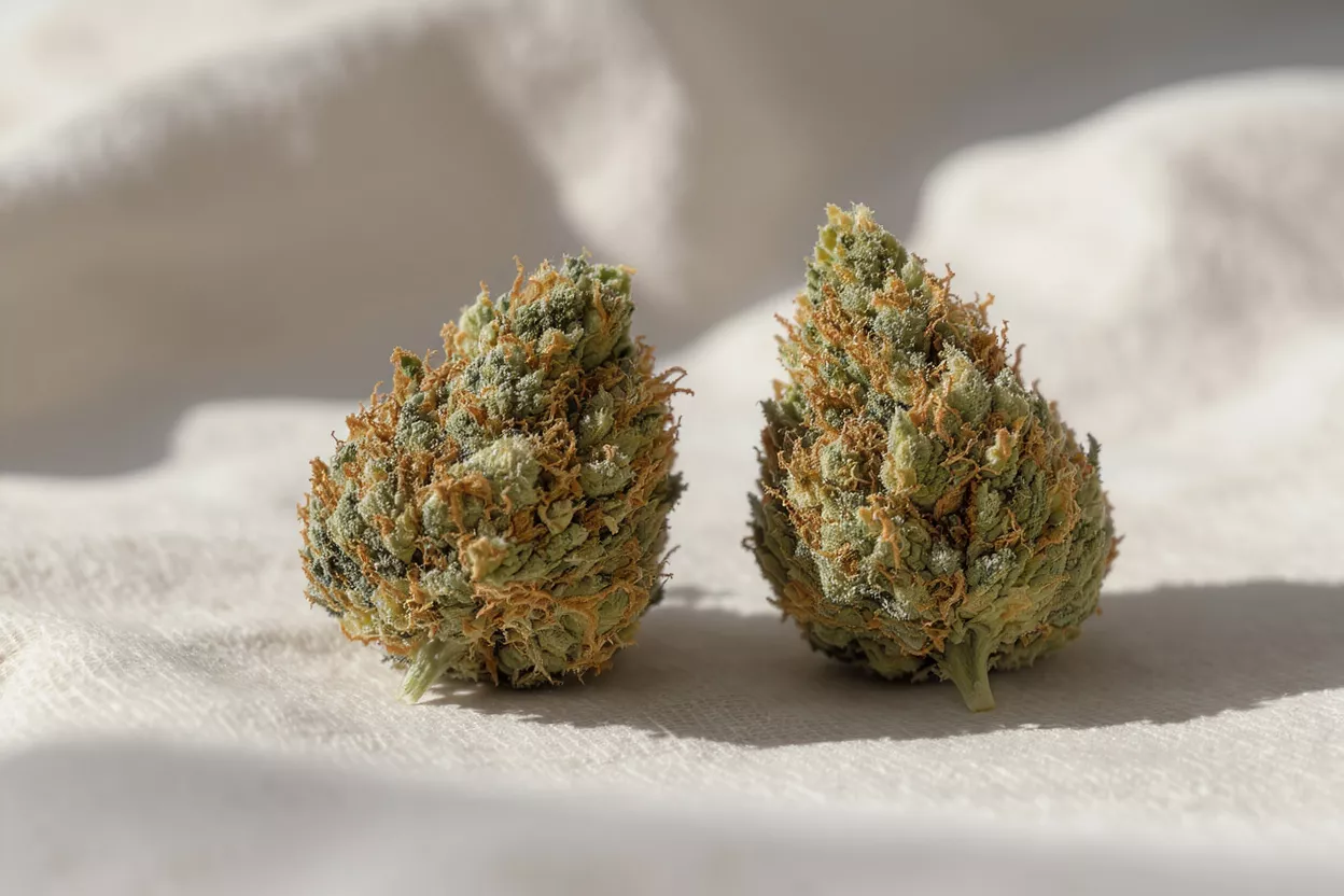 Two vibrant green and orange cannabis buds on a textured white background.
