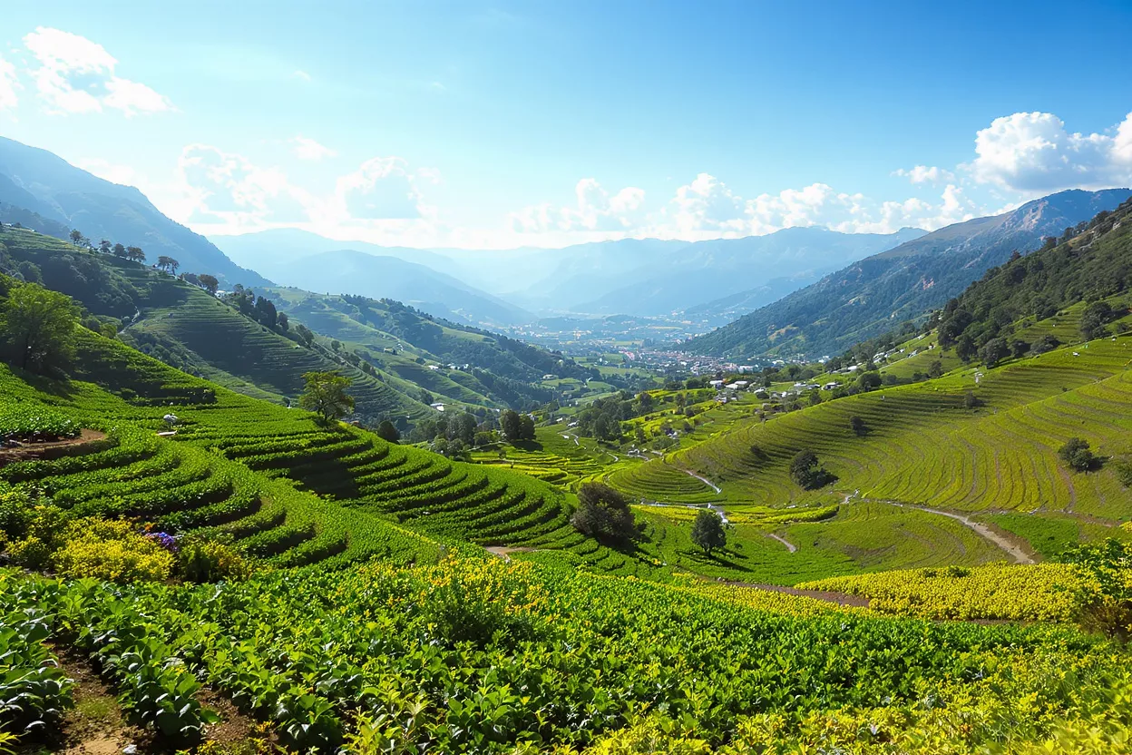 Lush green terraced fields on mountainsides overlooking a distant town in a valley.