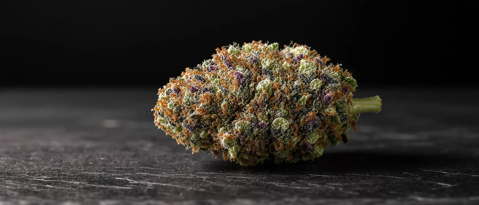 Gros plan d'un bourgeon de cannabis coloré sur fond sombre, riche en trichomes.
