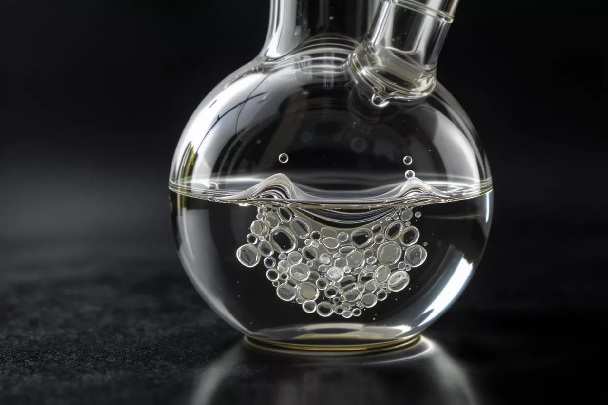 Close-up of a clear glass flask with water and many bubbles on a dark background.