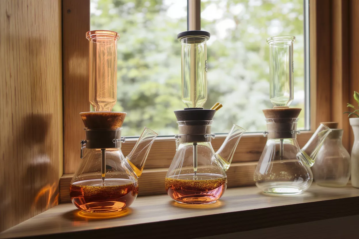 Three glass tea brewers with different colored liquids on a wooden windowsill.