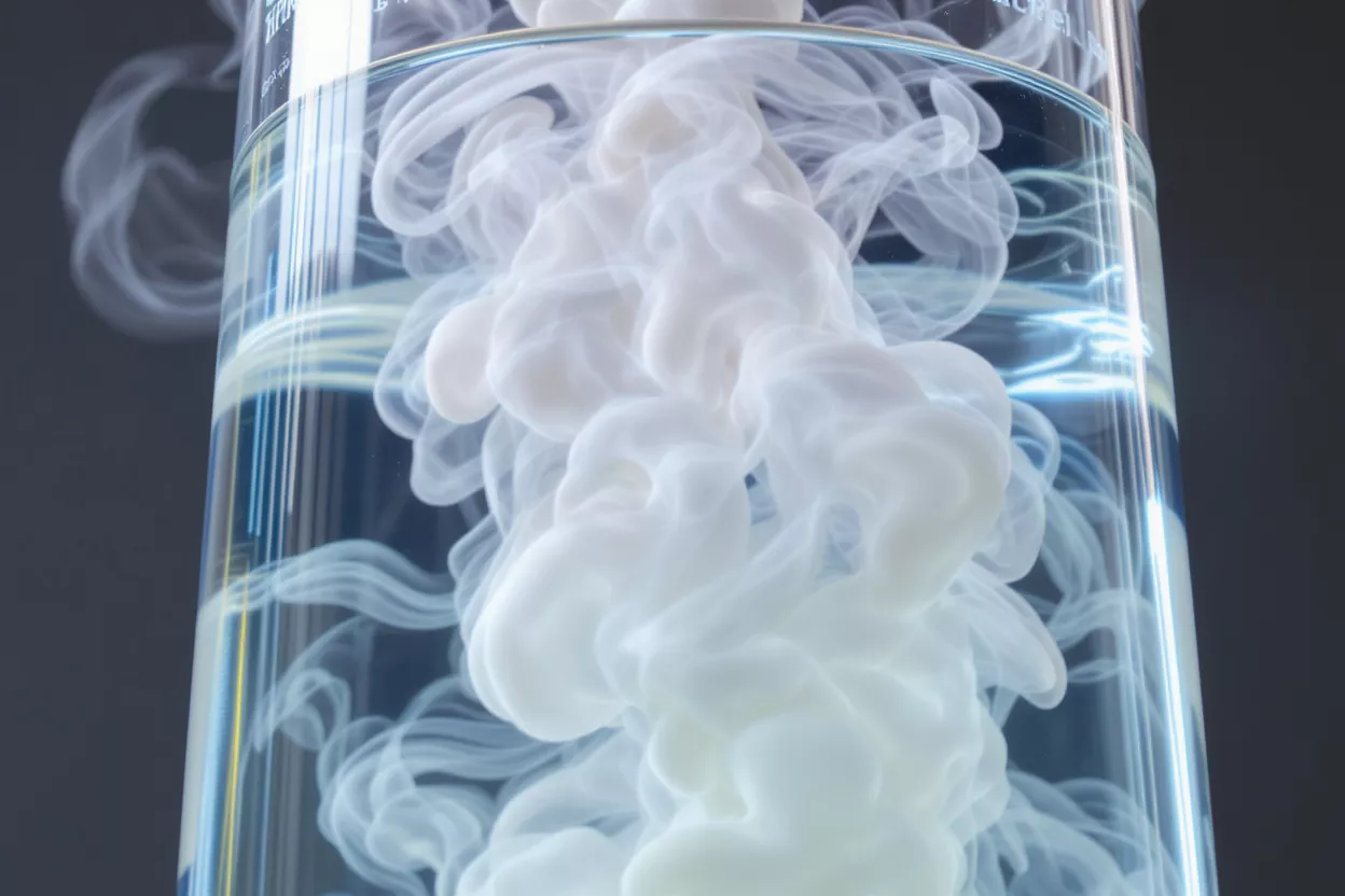 Close-up of white smoke-like substance swirling in a clear liquid within a beaker.