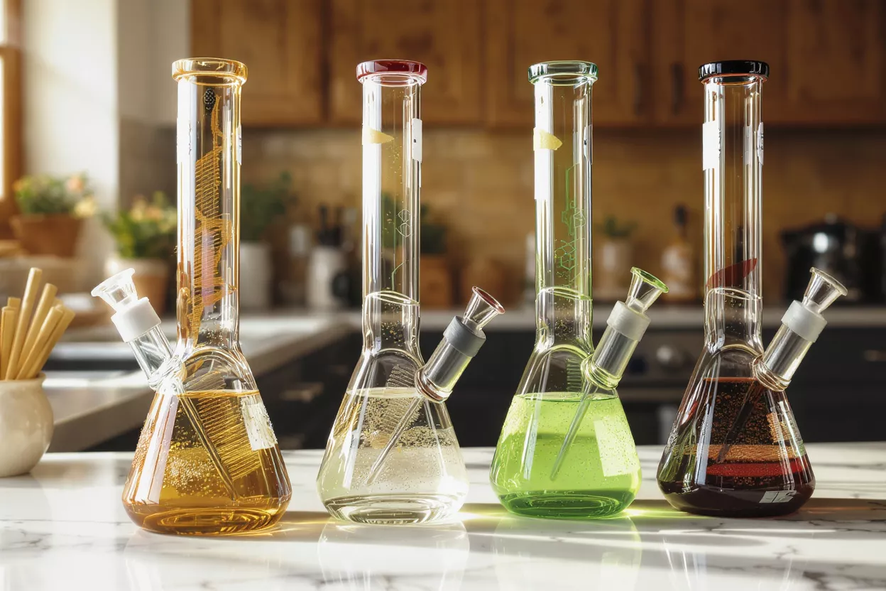 Four colorful glass bongs with different liquid colors on a kitchen counter.